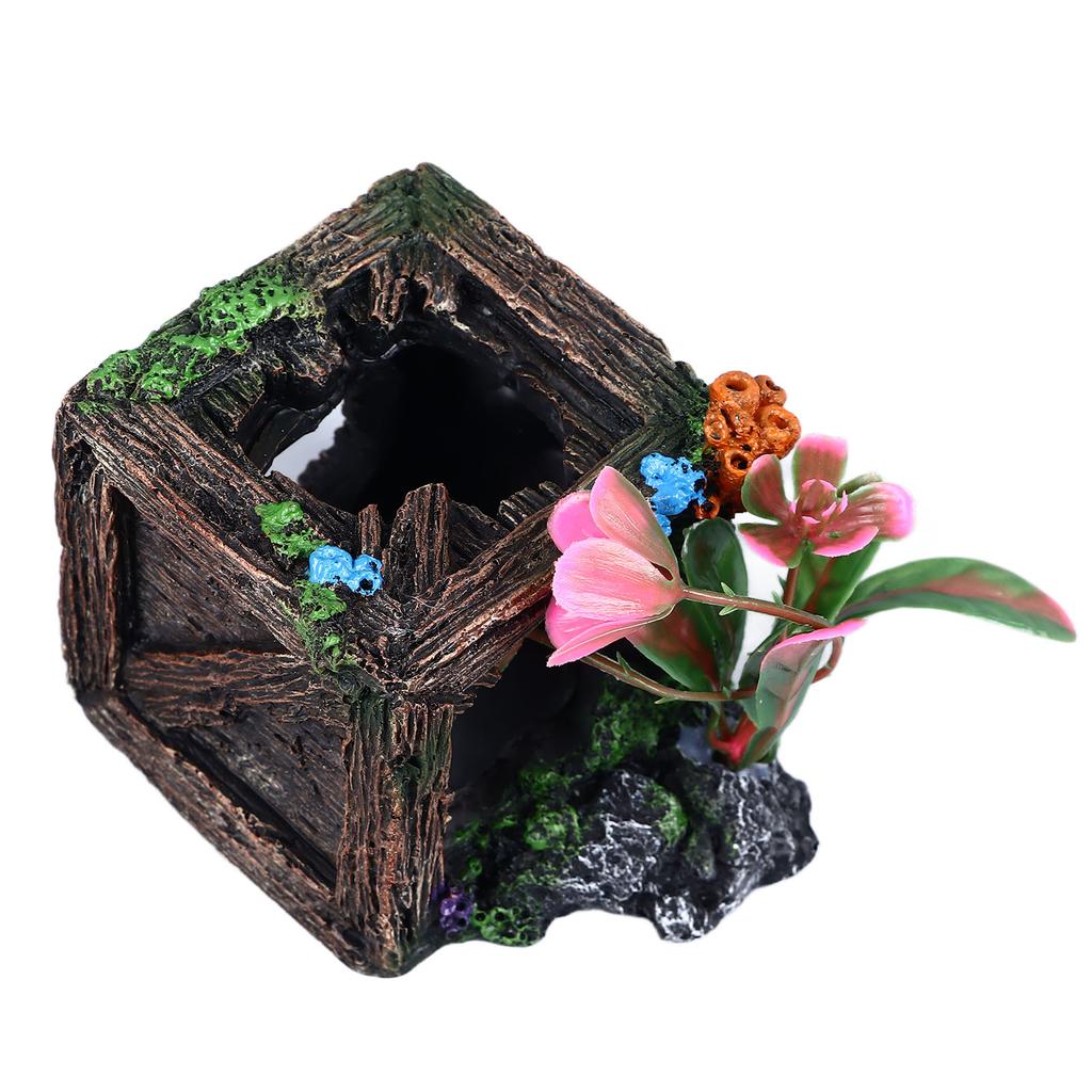 Aquarium Resin Decoration Innovative Simulation Landscaping Hollow Design Wooden Box Shape Fish Tank Decoration for Home