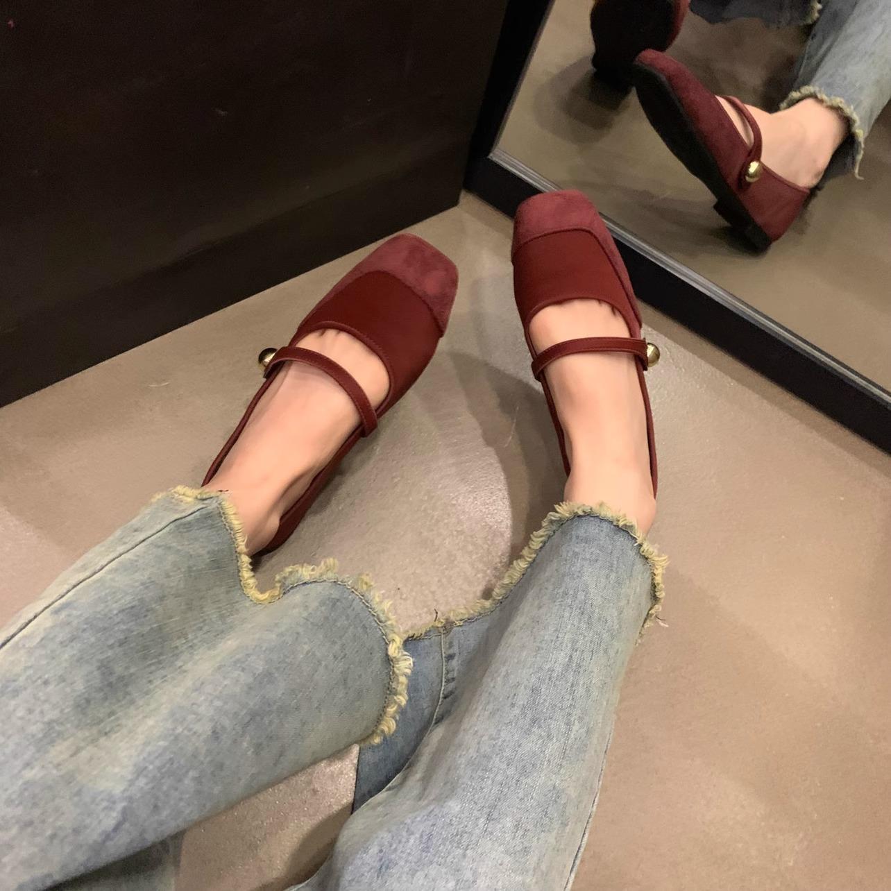 

Весна Осень Женские Туфли-лодочки на толстом каблуке Модные женские туфли с мелкой пряжкой Замшевые повседневные женские туфли цвета красного вина Мэри Джейн 38