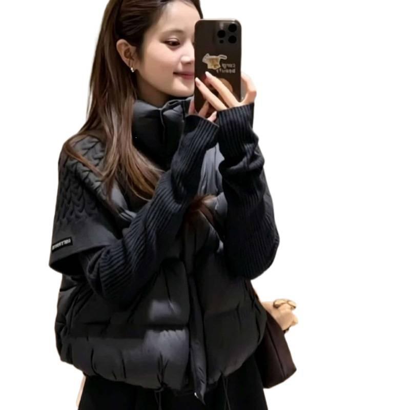Winter stand-up collar knitted splicing short cotton clothes women's new high-end bread cotton vest jacket