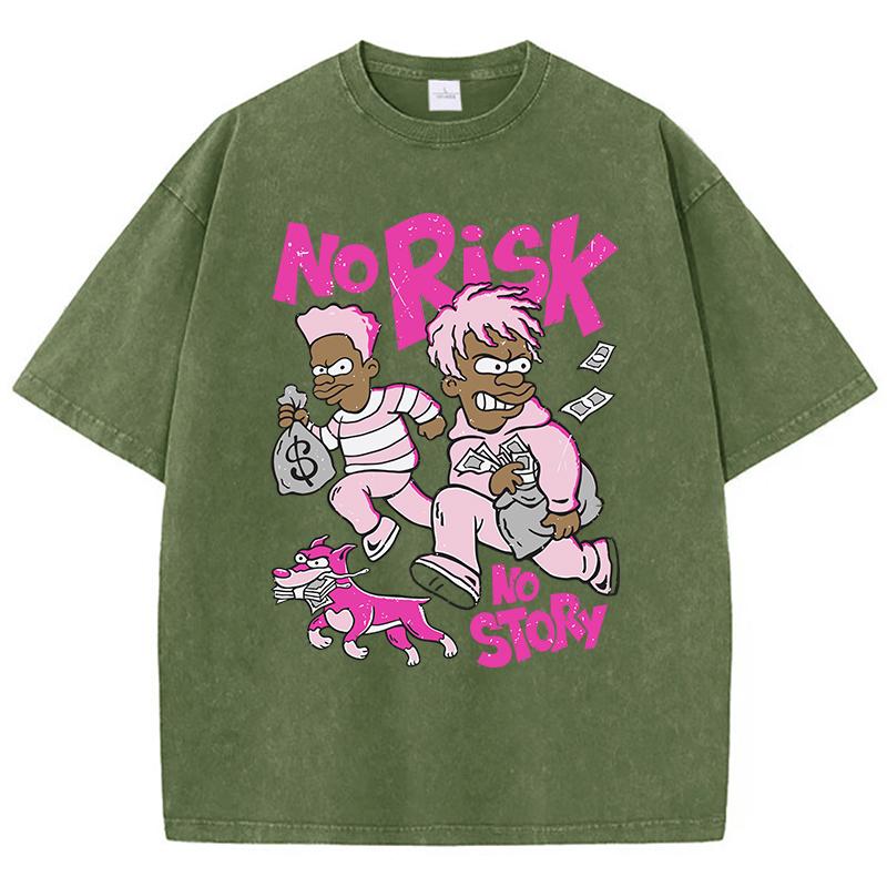

Street Womans Acid Wash TShirts No Risk No Story Manga Prints Tops Oversize Comfortable Cotton Tee Shirts Casual Female Clothes S