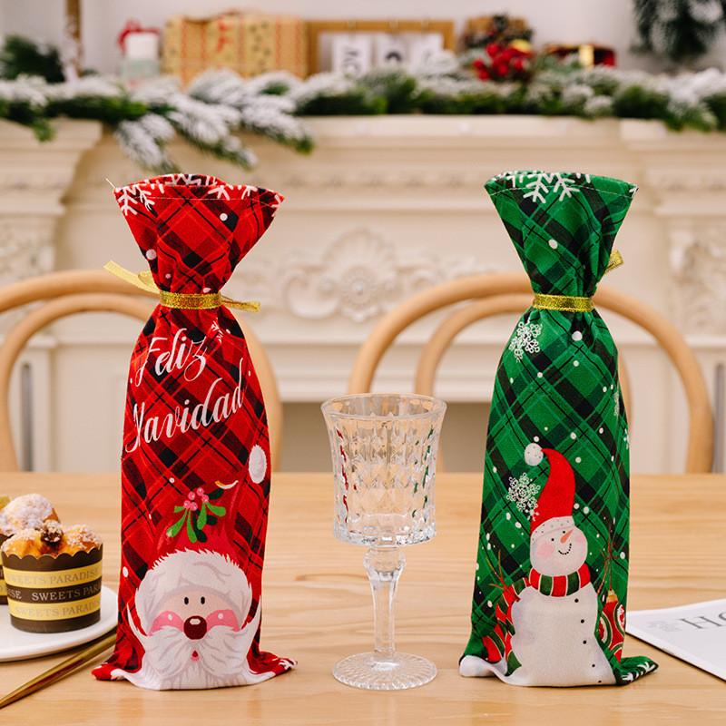 Festive Red Green Checkered Snowman Wine Bottle Cover Perfect For Decor Christmas