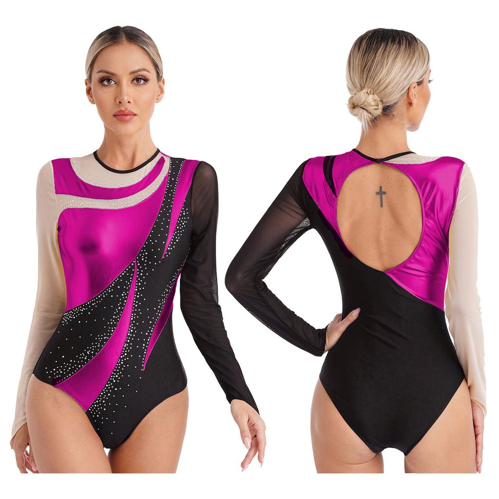 Women Ballet Dance Leotard Rhythmic Gymnasytics Figure Skating Yoga Bodysuit Long Sleeve Metallic Contrast Color Dancewear