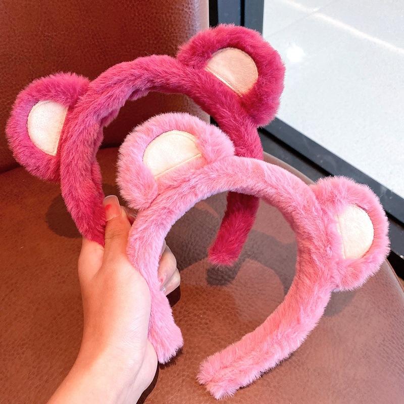 Strawberry Bear Plush Headband Female Autumn And Winter Face Wash Pressure Hair Non-Slip Hairpin Year Cat Ear Headband