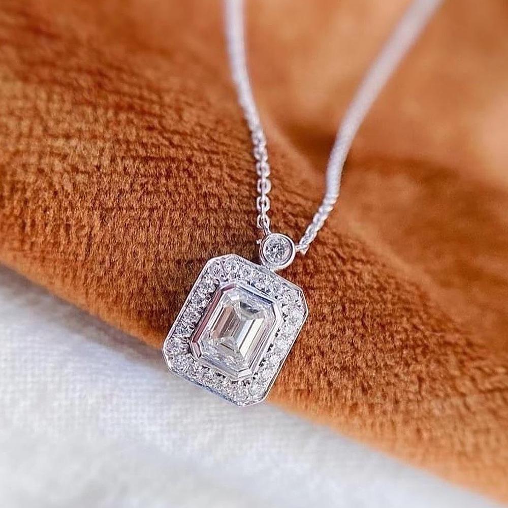 Silver Tone Emerald Cut Halo Cubic Zircon Pendant Necklace Double Layer Square Halo Zircon Women Wedding Fine Jewelry