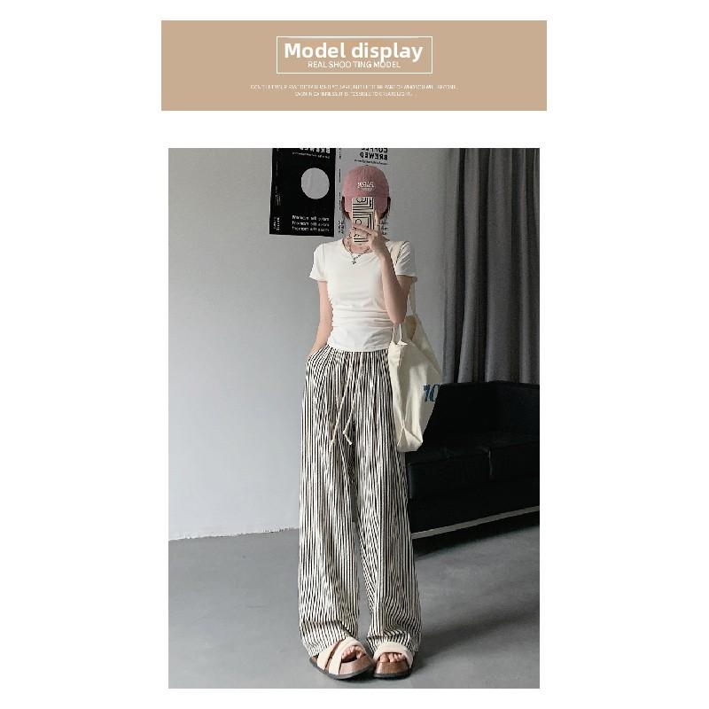 Striped Wide-leg Pants for Women, Summer Korean Style New Casual Pants, Casual and Slimming, Elastic Waist, Loose and Draping, Floor-length