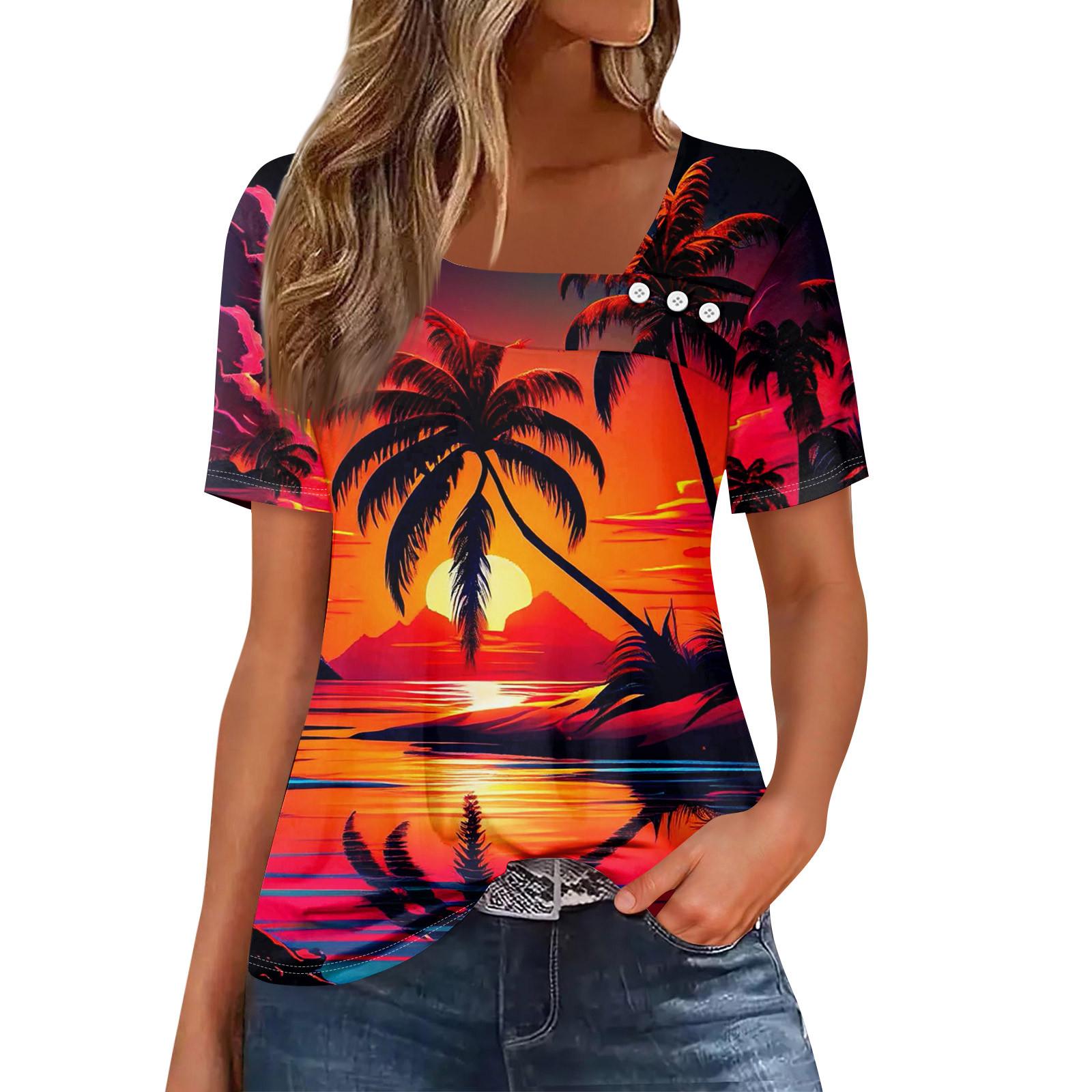 

Жіноча повсякденна футболка з асиметричним вирізом і короткими рукавами з принтом і декоративними ґудзиками XL Кіновар