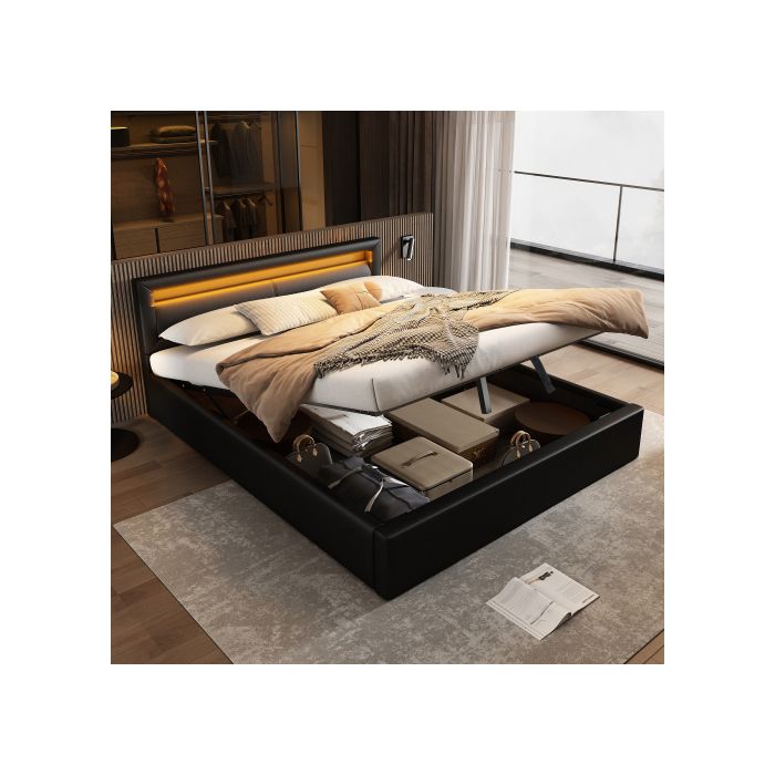 Lit rembourré - MUVOE - 140 x 190 - Simili cuir - Rangement sous sommier - Éclairage LED