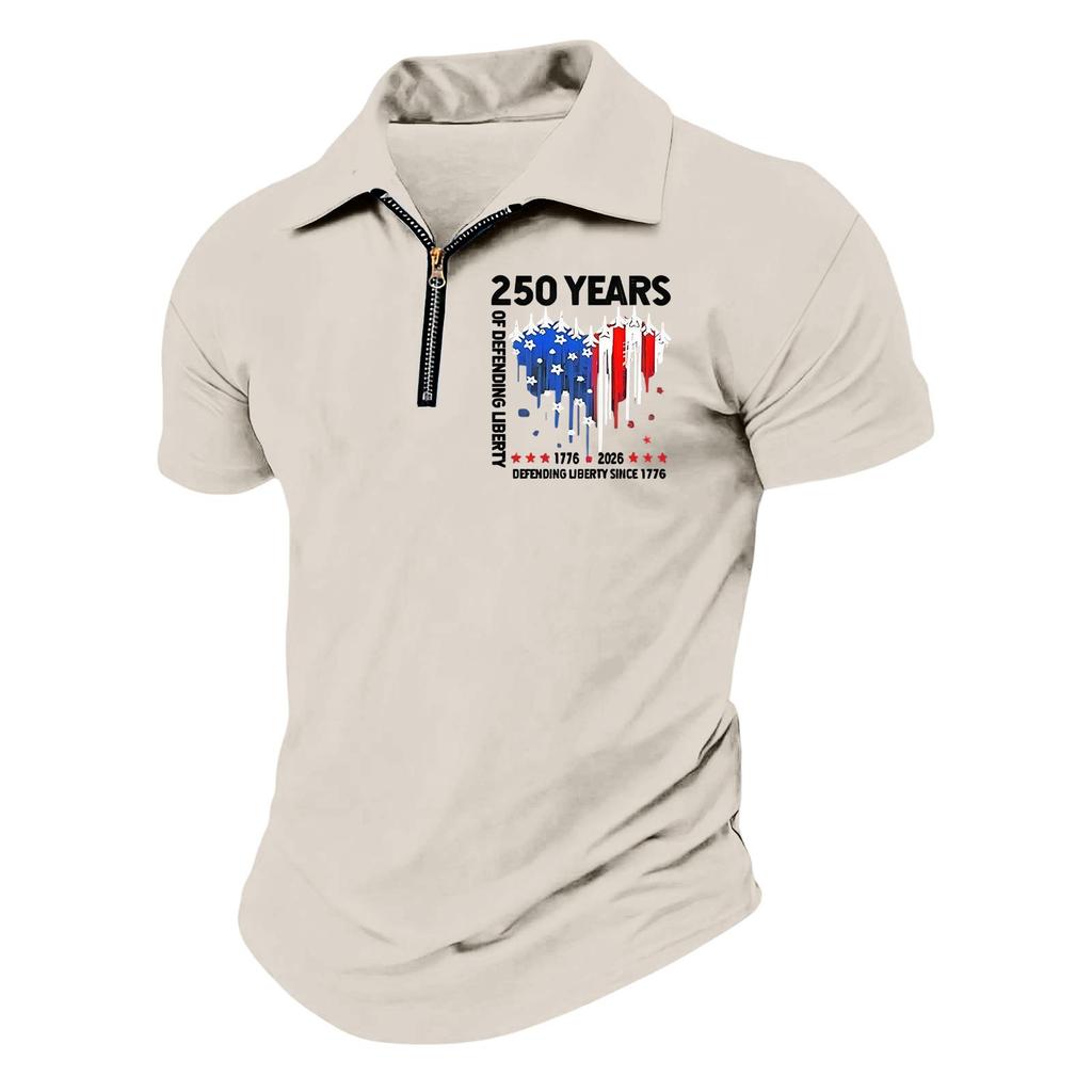 Men’s Short Sleeve Zipper Polo Shirt 250 Years Printed Lapel Collar Top Casual Lightweight Comfortable Fit Tee