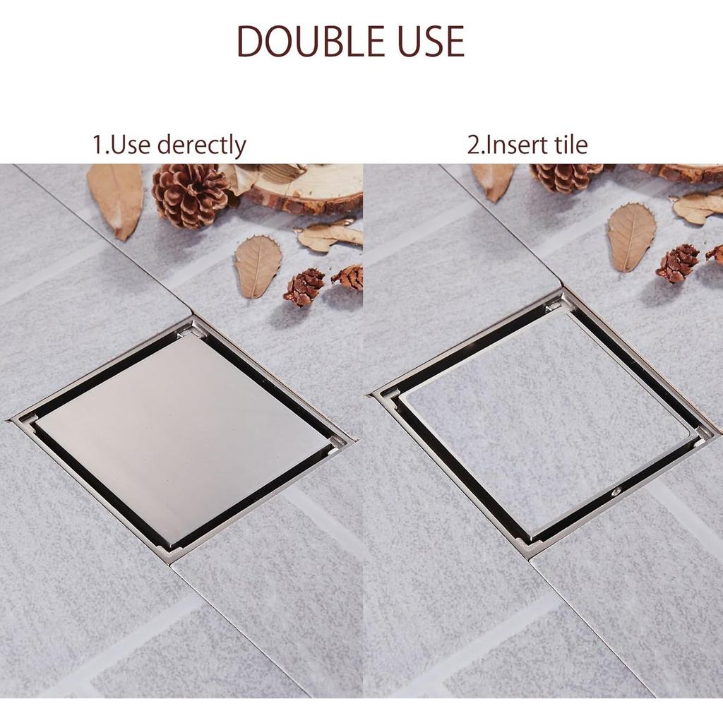 4 Inch Brass Square Shower Floor Drain with Tile Insert Grate Removable Cover Hair Catcher Strainer,Anti Clogging and Odor,Nickel