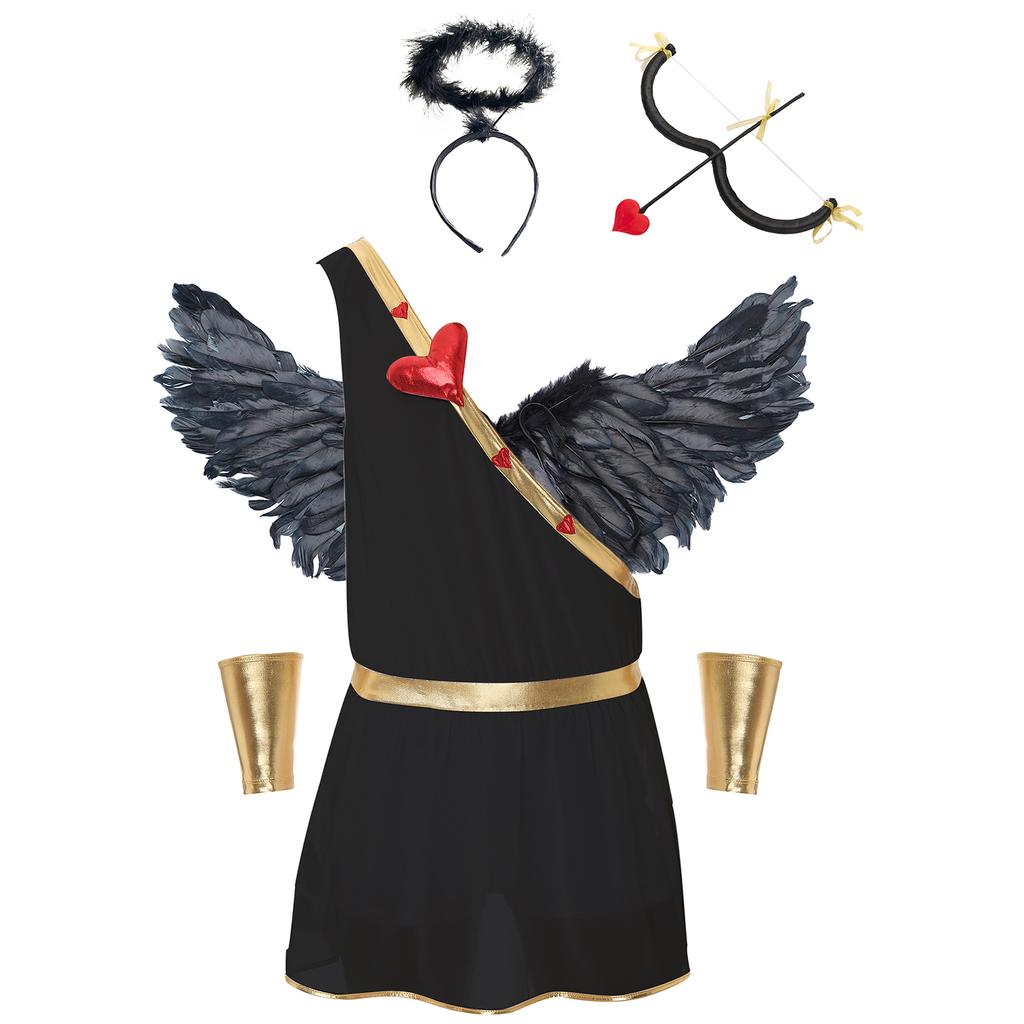 Mens Cupid Costume Set Romper Jumpsuit Detachable Sleeves Feather Angel Wings Headwear M Shaped Bow Heart Arrow