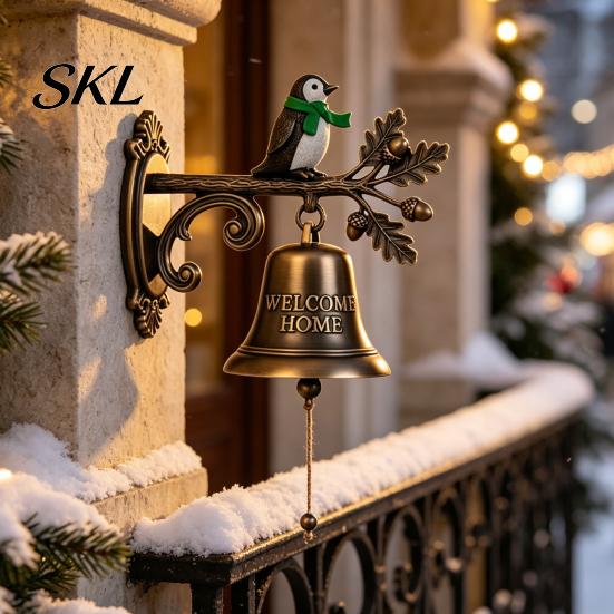 Unique Garden Ornaments Christmas Theme Welcome Doorbell, Vintage Metal Resin Hanging Door Bell, Decorative Indoor Living Room Decor Wall Mount