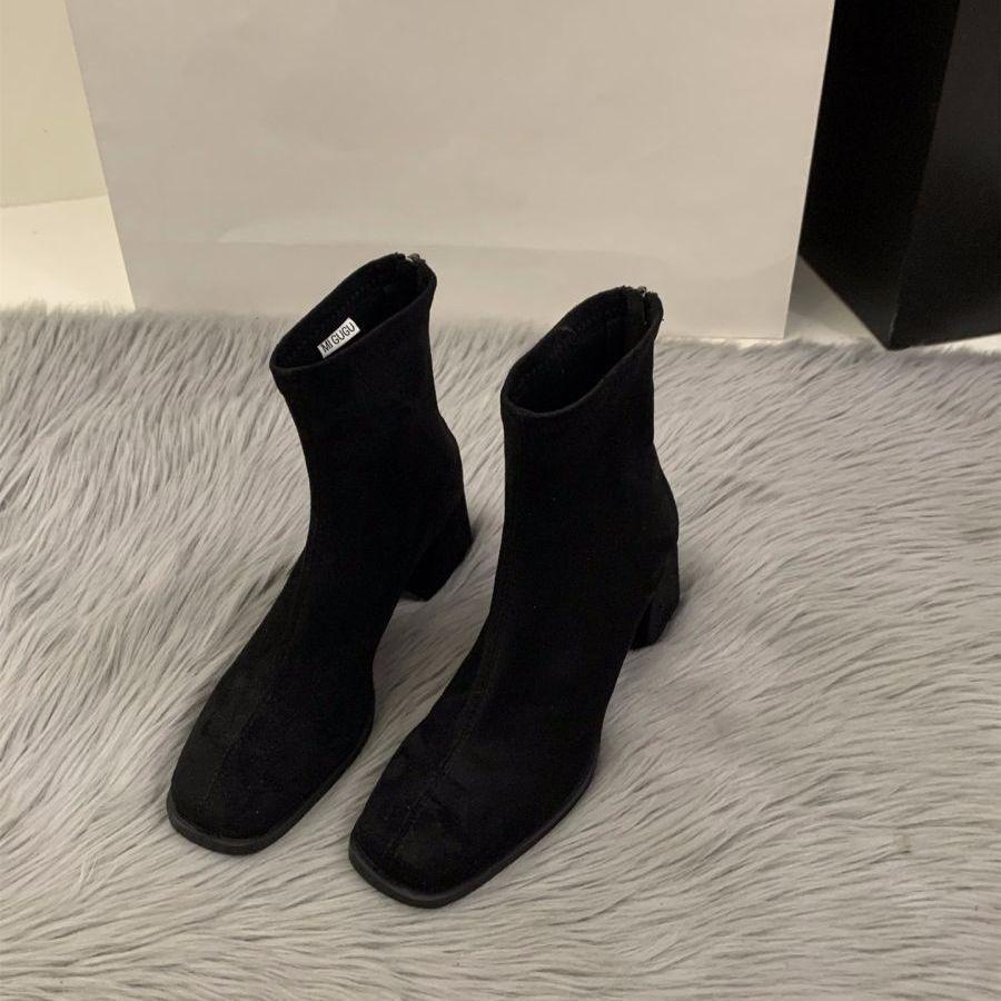 High-heeled Square-toe Short Boots for Women - Fall/winter Shoes, Versatile Shoes, Ankle Boots