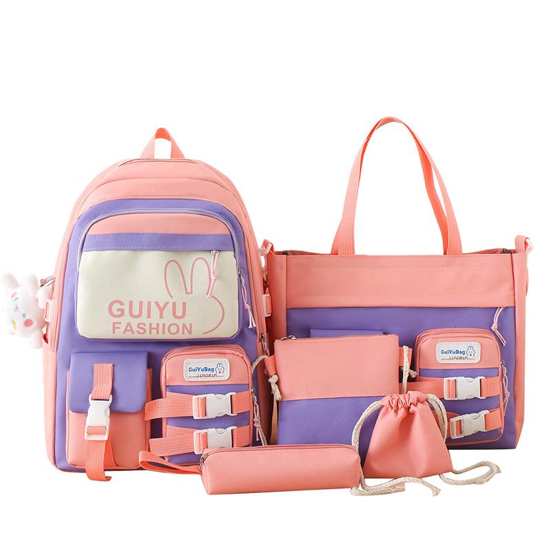 

New Korean Girl Backpack Cartoon Cute Lightweight Primary School Student Schoolbag Five Piece Set Junior High School Campus Backpack Without pendant