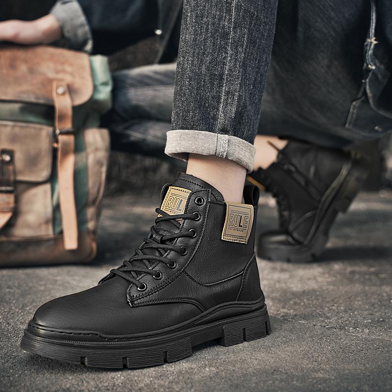 Fashion 2025 Winter Leather Mens Boots Fashion Thick Bottom Lace-up Casual Men's Work Shoes New Design Warm Black Ankle Boots Male