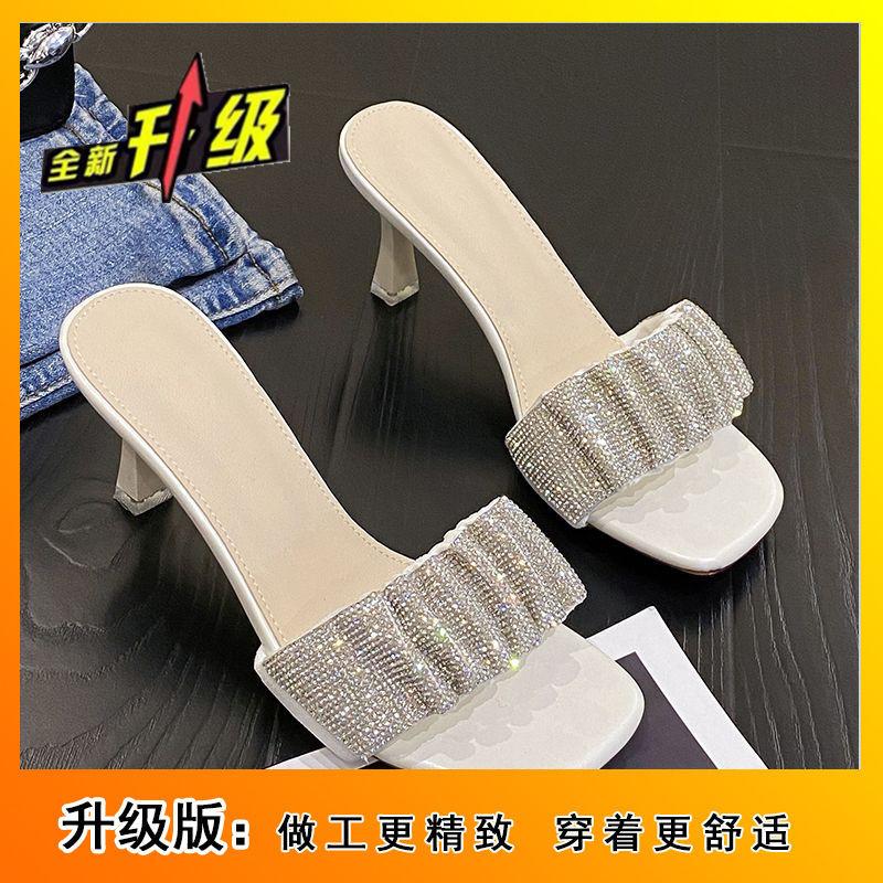 Versatile Square Head Open-toed Cool Slippers Women's 2025 Summer New Thin Heel with Skirt Elegant Rhinestone with High Heel