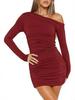 2026 Spring/Summer One-Shoulder Ruched Bodycon Dress - Women’s Long Sleeve, Sexy Slim Fit, Short European American Style