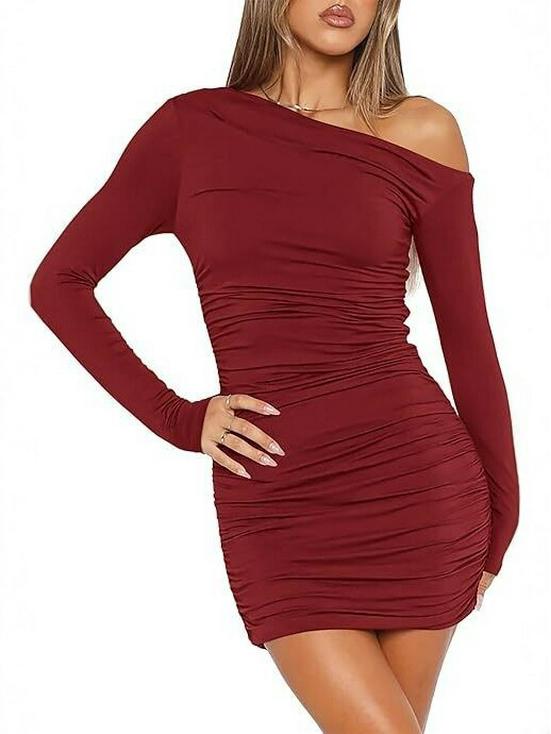 2026 Spring/Summer One-Shoulder Ruched Bodycon Dress - Women’s Long Sleeve, Sexy Slim Fit, Short European American Style