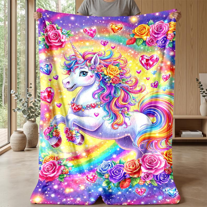 Fantasy Unicorn with Rainbow and Hearts Theme Blanket Lightweight Warm Flannel Blanket Decorative Throw Blanket for Home Decoration