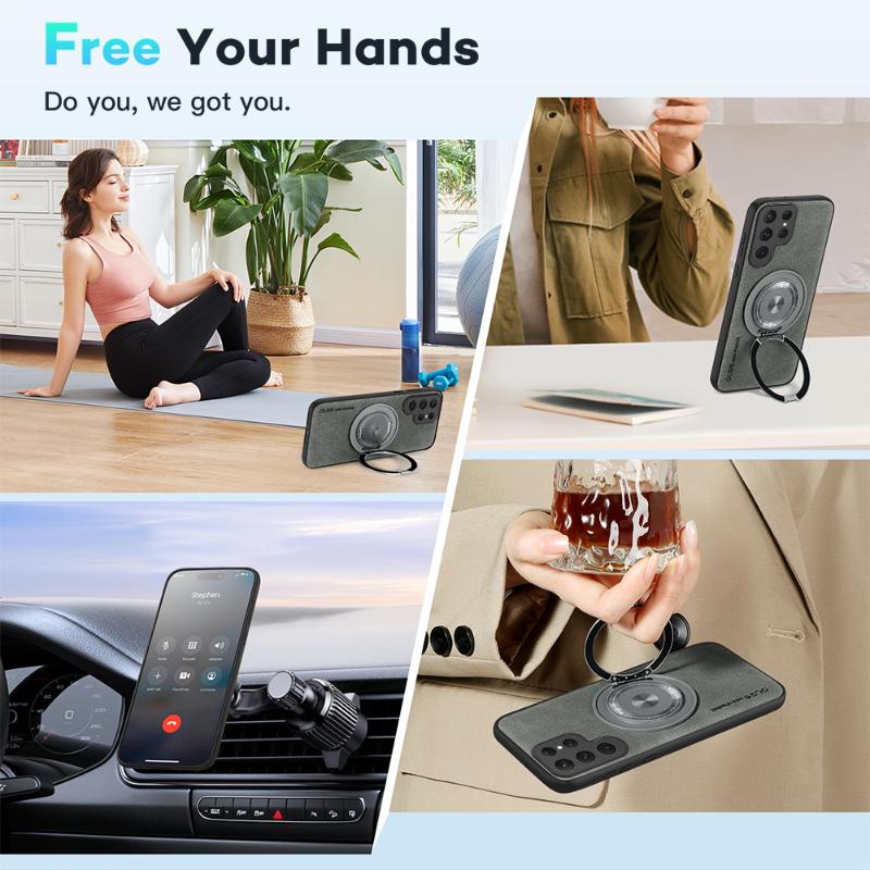 For Magsafe Magnetic 360°Rotat Metal Car Bracket Ring Leather Phone Case For Samsung S25 Ultra S23 S20 S21 S22 S24 Ultra Plus FE