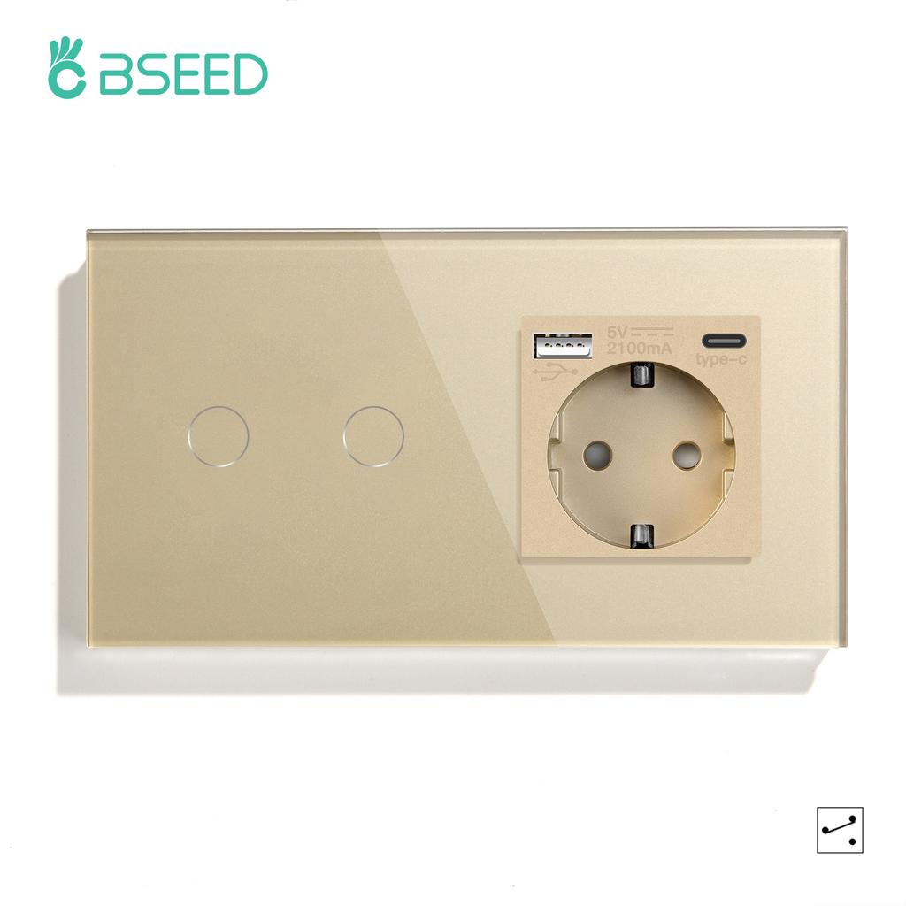BSEED 1/2/3Gang Touch Light Switches 1/2/3Way Pass Through For Stairs Plus Wall Power Sockets USB Type-c Ports 2.1A EU Standard