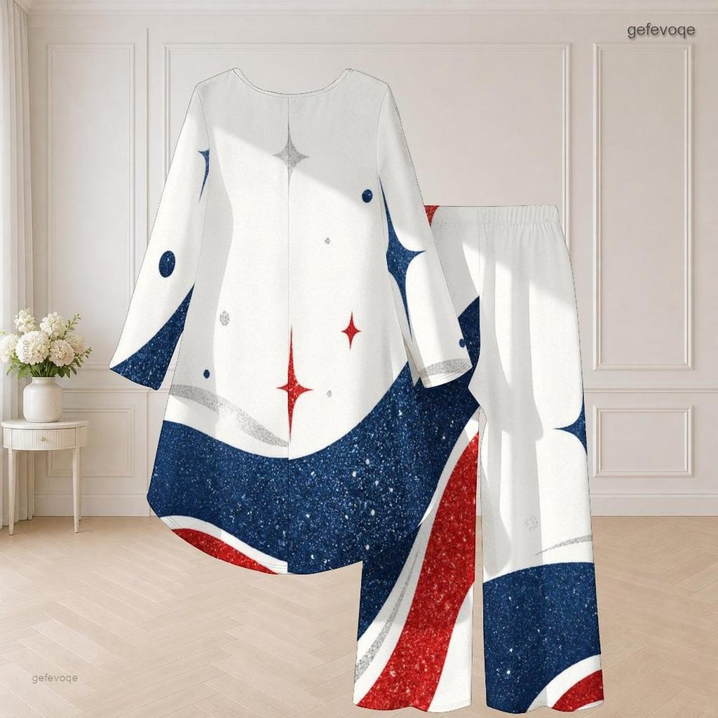 Women Plus Size Round Neck Long Sleeve Red Blue White Printed High Low Top Wide Leg Pants Two Piece Set