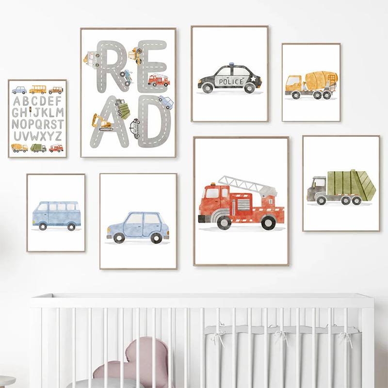 Alphabet Taxi Fire Truck Bus Wall Art Posters Prints Picture Nordic Kids Room Cartoon Cars Canvas Painting Nursery Bedroom Decor