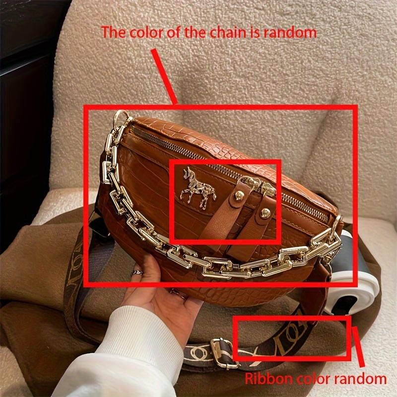 Trendy PU Chest Bag Stylish Single Shoulder Saddle Bag with Crocodile Pattern Chain Wide Belt Crossbody Bags for Women Daily Use