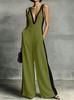 2026 Summer Women's V-neck Sleeveless Color Block Strappy Wide-leg Jumpsuit