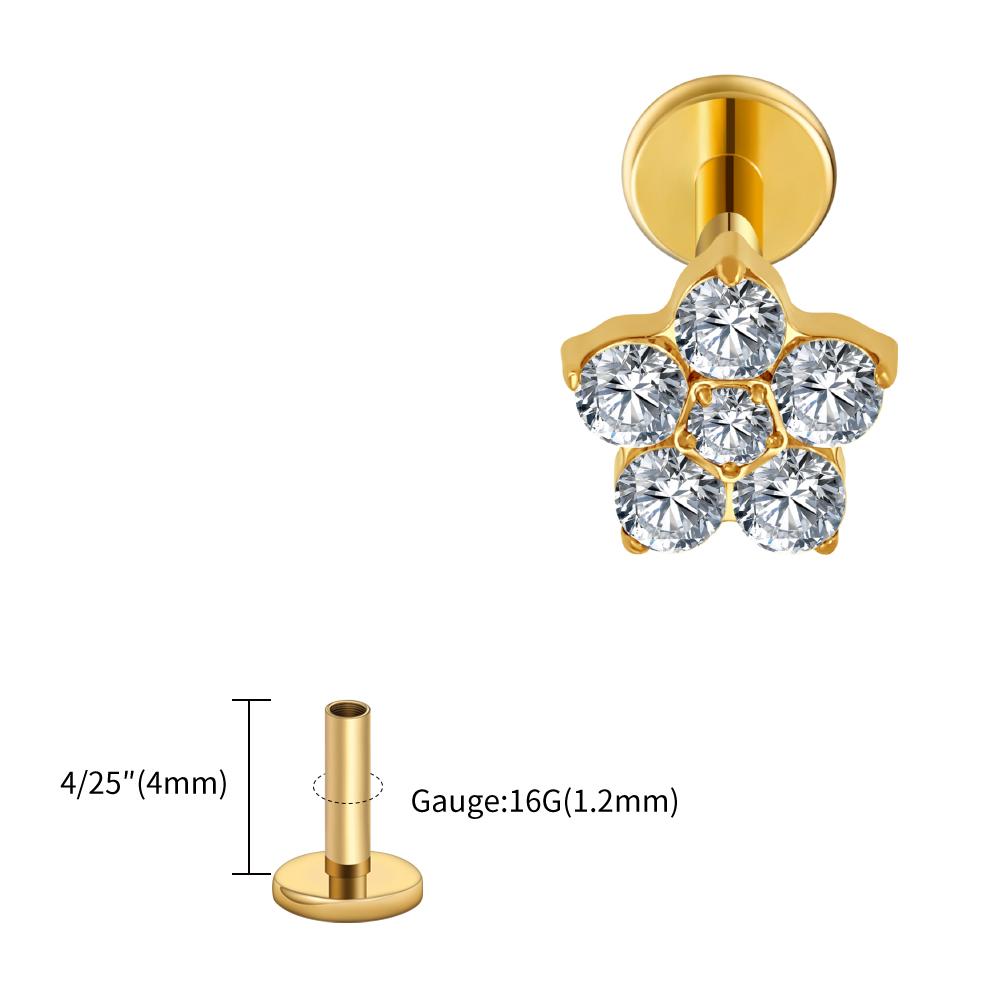 Right Grand ASTM F136 Titanium 5 CZ Flower Lip Labret Monroe Stud 16G Floral Cartilage Helix Earring Flat Back Piercing Jewelry