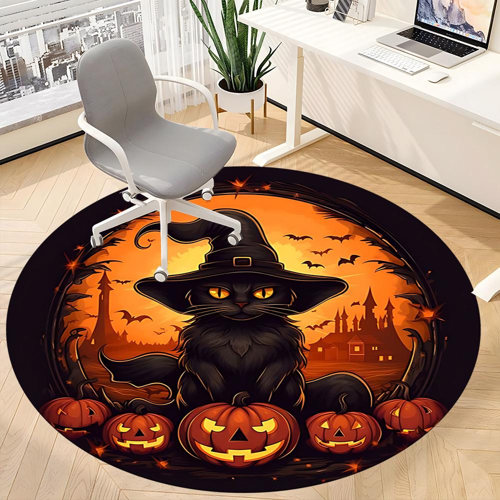 1PC Halloween Cat Office Round Area Rug, Mat Suitable For Office, Under Office Chairs Bedroom Living Room Home Decor, Room Deco