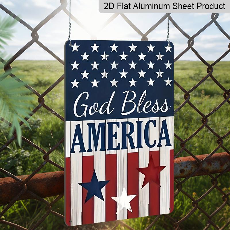 2D Flat Decorative 8×12 Inch Aluminum Plaque Metal Sign | God Bless America Patriotic Star & Stripes Design; Ideal for Patriotic Home & Outdoor Wall