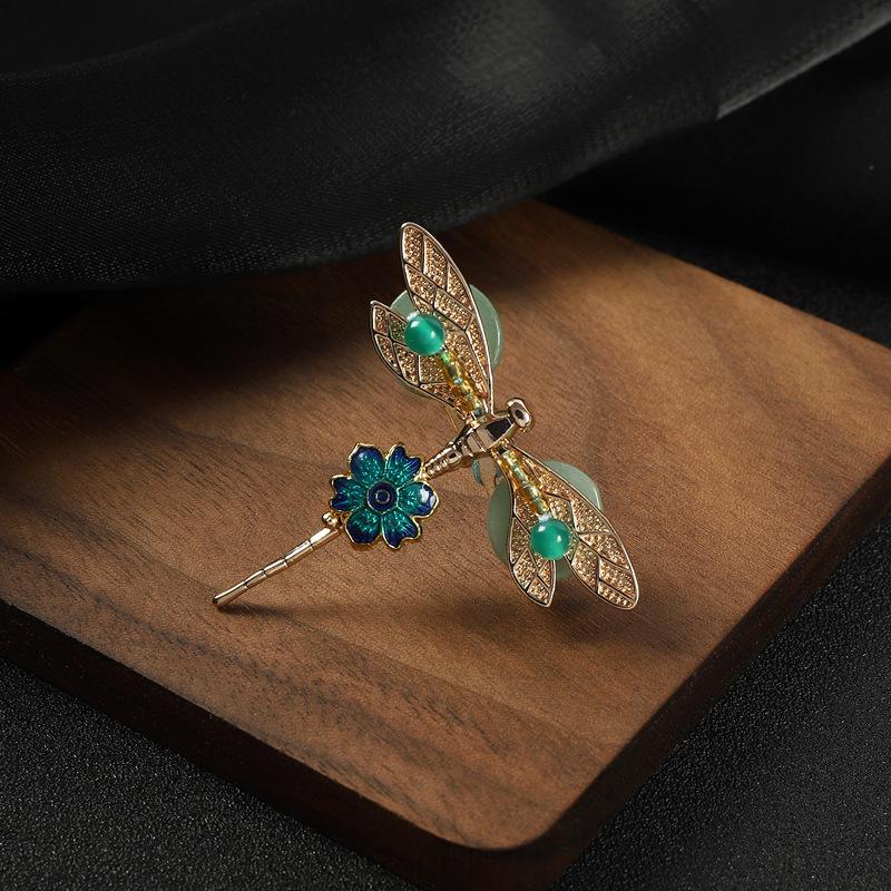 Chinese style retro literary dragonfly brooch Dongling jade cloisonne high-end temperament scarf pin niche accessories women