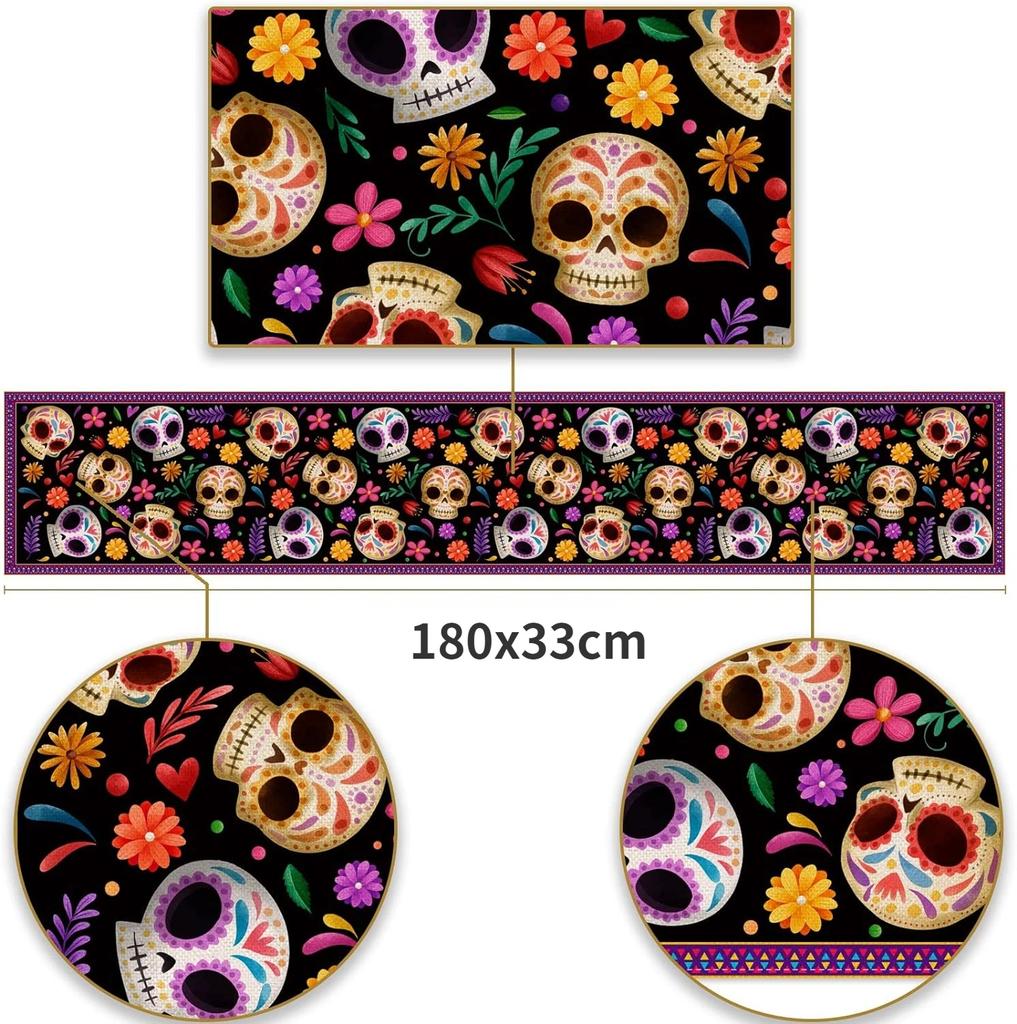 Mexican Day of The Dead Table Runner Holiday Tabletop Decor Reusable Dia De Los Muertos Sugar Skull Table Runners Party Decor