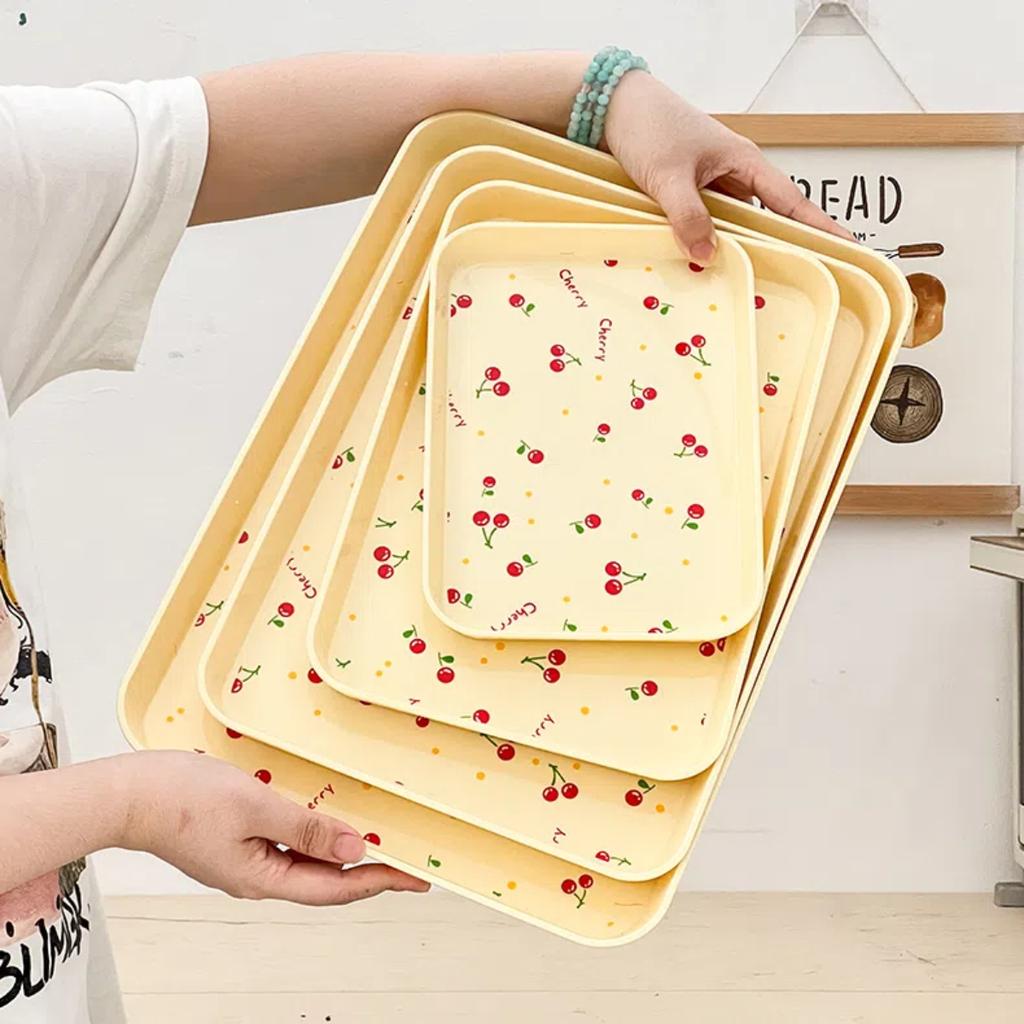 Cherry Pattern Plastic Food Serving Tray Stackable Fruit Dessert Tray Tea Tray Multi-functional Storage Tray For Home Kitchen