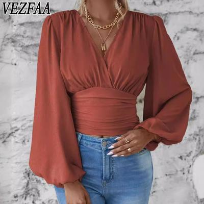 Women's Fashion Casual Spring Autumn Solid Color Print Long Sleeve V-Neck Blouses & Shirts