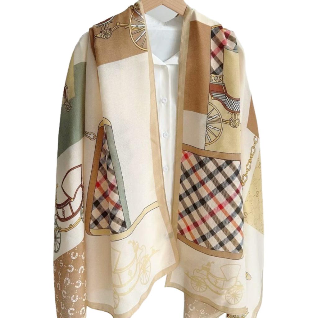 Beige Scarf With Diamonds And Carriages Print - 100% Viscose, 180X85
