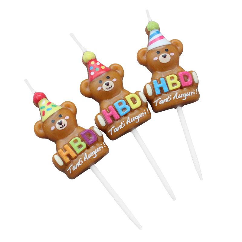 Cartoon 3 Bear Birthday Candles HBD Brown Cute Party Hat Bear Children's Cake Candle Decoration