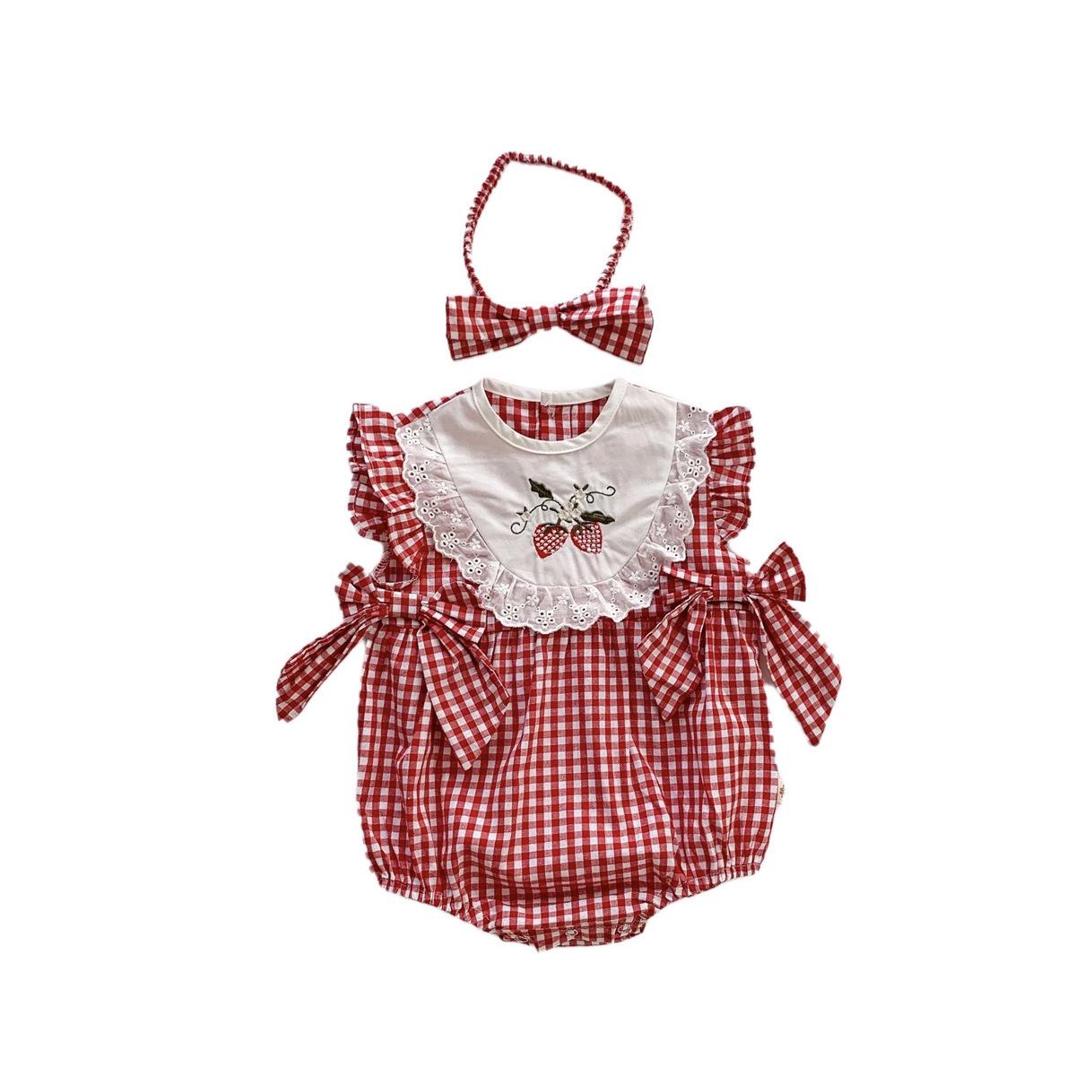 

Baby Girl Red Plaid Lace Cotton Romper - Summer Triangle One-Piece Suit 66 cm