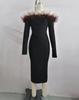 2023 Black Spring Ostrich Feather One-Shoulder Long Sleeve Bandage Dress for Women