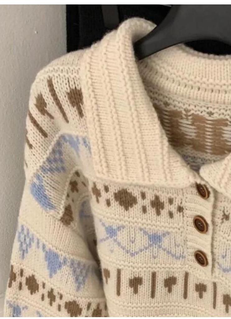 Women's Cozy Jacquard Knit Lapel Sweater - Soft, Casual Academic Style for Autumn and Winter