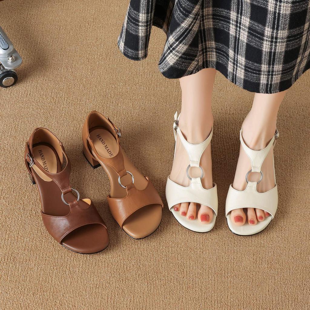 Krazing Pot Cow Skin Med Heels European Design Summer Size 40 Circle Buckle Straps Women Sandals