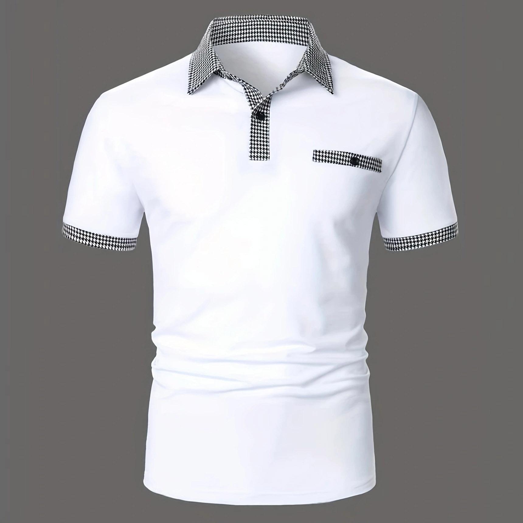 

Летняя мужская рубашка поло в клетку в стиле пэчворк с воротником с лацканами и короткими рукавами, мужские повседневные эластичные топы S белый