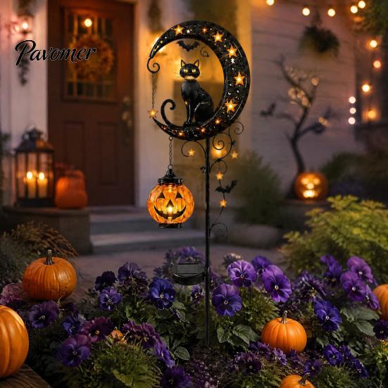 Fall Party Outdoor Lighting Halloween Solar Garden Stake Light, Metal Black Cat & Pumpkin Moon Waterproof Wireless Powered Yard Lights Decorations for