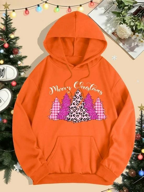 Women's Loose Pink Christmas Tree Hoodie Sweatshirt