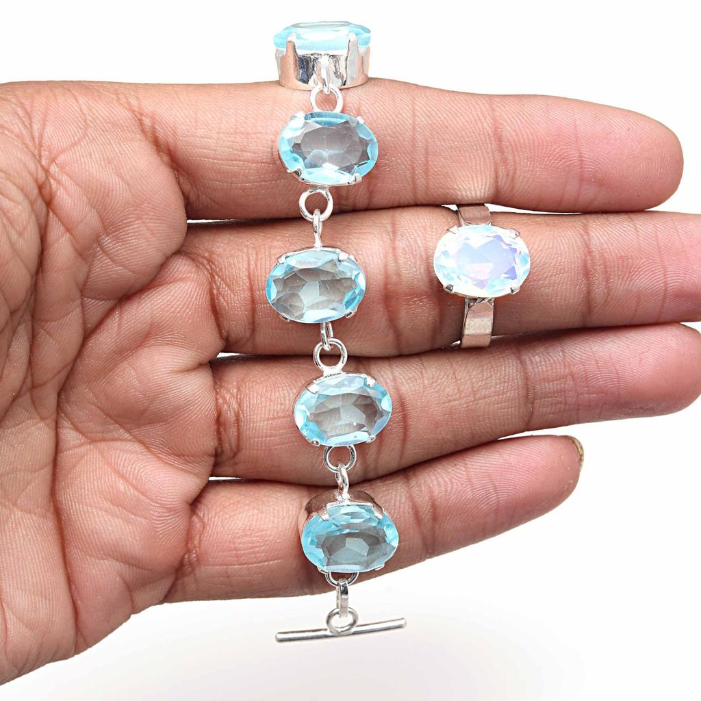Swiss Blue Quartz Gemstone Women's Unisex Jewelry Bracelets & Rings 7-8''