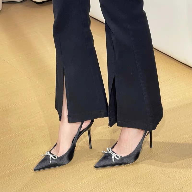 Spring new black high heels pointed temperament beautiful rhinestone bow empty word with sandals