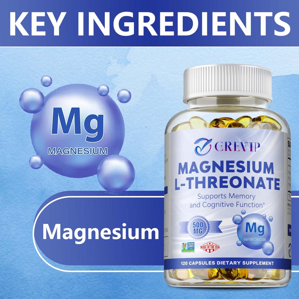 L-Magnesium-Threonat-Kapseln, 500 mg pro Portion, GVO-frei, 120 vegetarische Kapseln, für Erwachsene geeignet.
