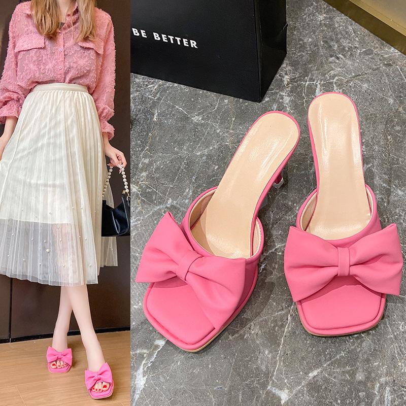 

2025 лето новый большой размер бант открытый носок шлепанцы на среднем каблуке с квадратным носом женская обувь 43 розы красного