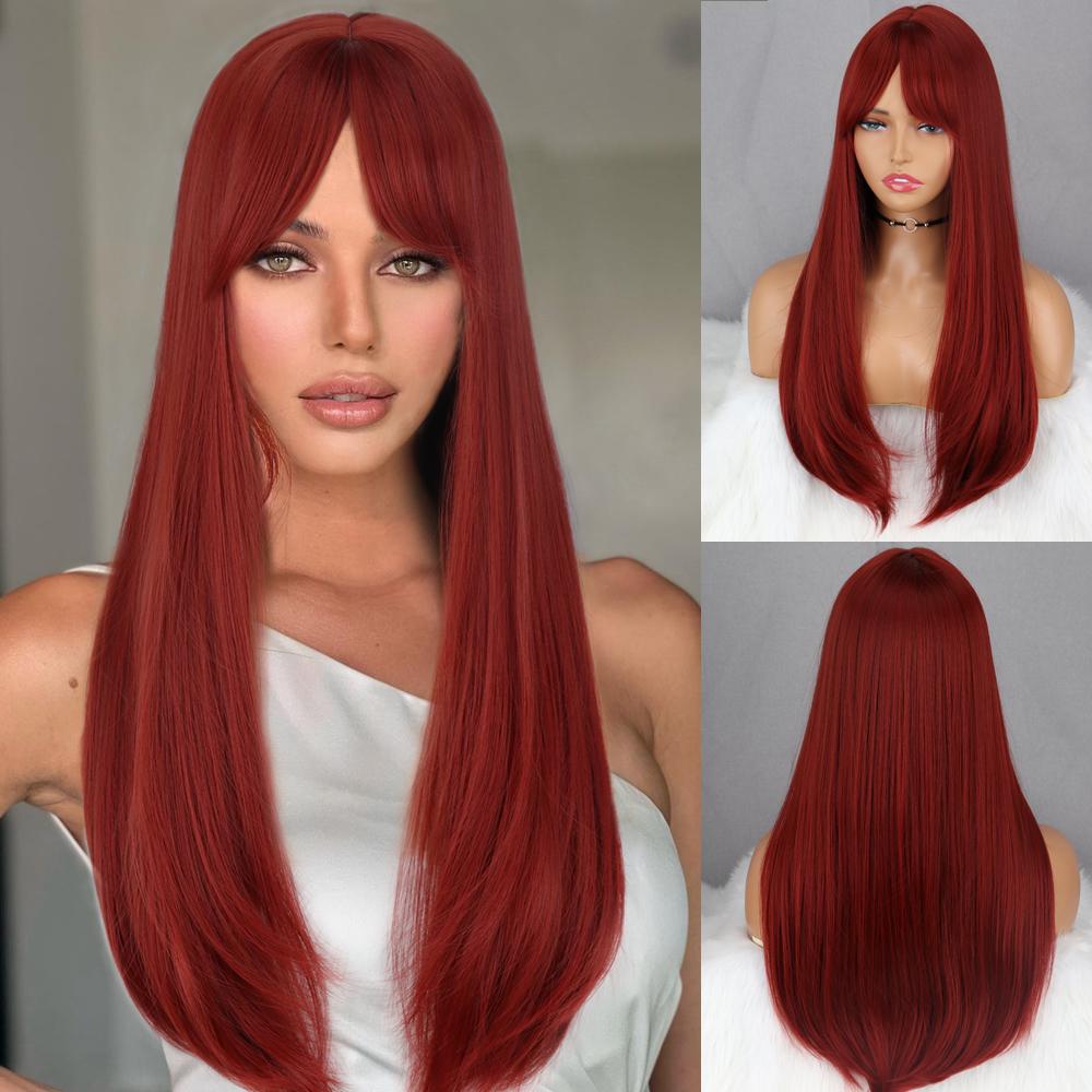 MISSQUEEN Red Wig Long Straight Middle Part Long Oblique Bangs Inward Artificial Fiber Female Wig for Daily Wear
