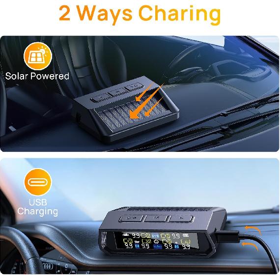 RV Tire Pressure Monitoring System,0-9.9 BAR,144 PSI Tire Pressure Monitor System With Solar Charge, TPMS With 6 Sensors&6 Alarm Modes (6
